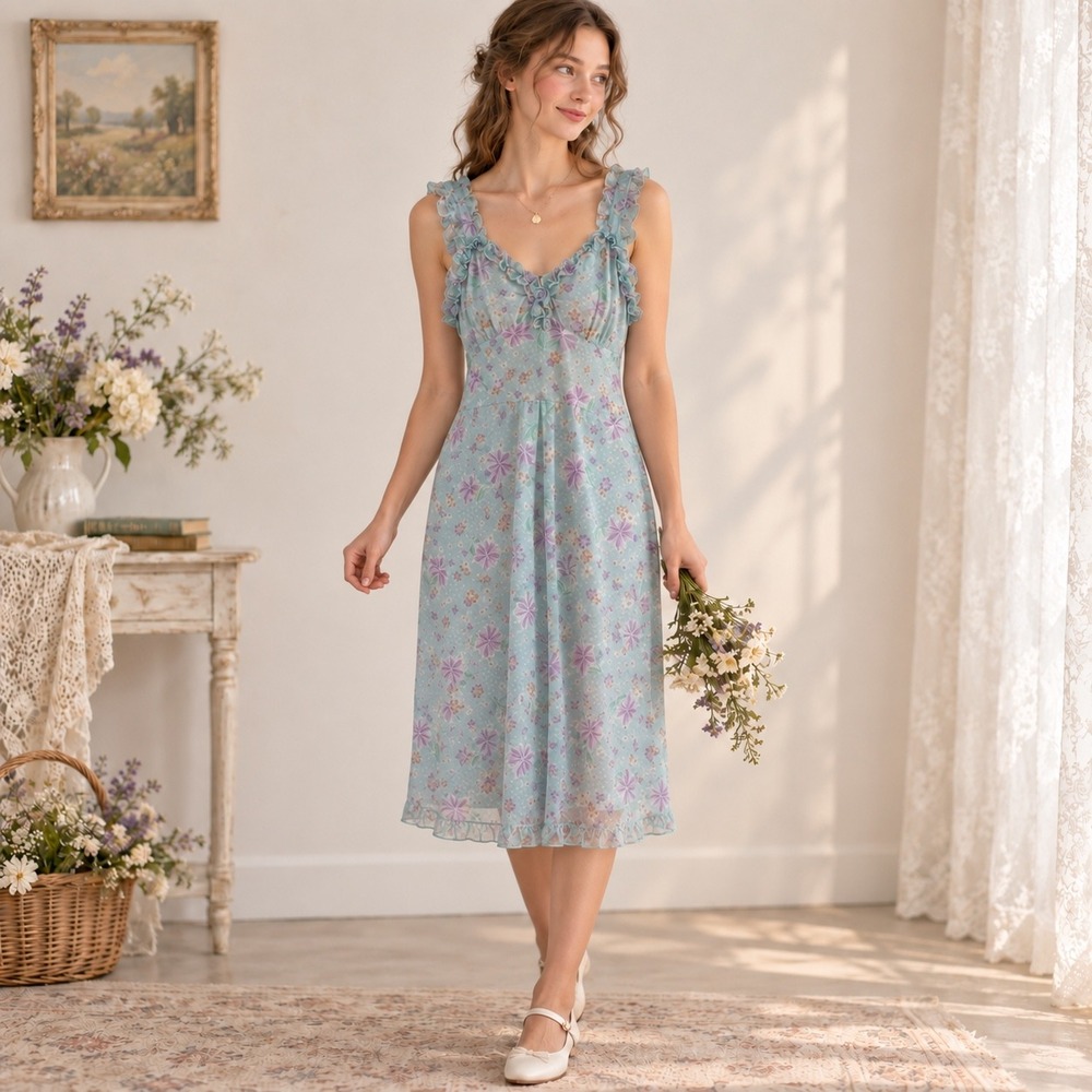 Vtg Floral Midi Dress Chemise M Blue Ruffle Trim Boho Cottage Prairie Festival